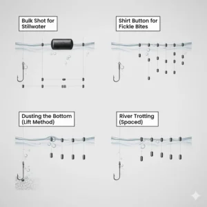 Infographic of common UK shotting patterns including bulk shot and shirt-button styles for waggler fishing.