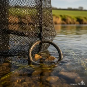Illustration of heavy-duty metal bottom rings that keep a keepnet fully extended and stable in moving water.