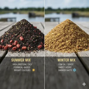 An infographic comparing high-protein summer method mixes with low-oil, spicy winter mixes for UK weather conditions.