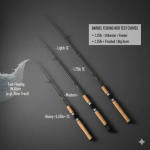 An illustration comparing different rod test curves used for barbel fishing in fast-flowing UK rivers like the Trent.