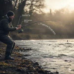 A technical drawing showing the progressive through-action of a specialist barbel rod during a cast.