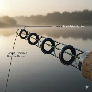 Detailed view of robust, oversized ceramic guides on a barbel rod designed to handle heavy lines and braids.