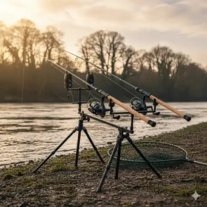 Two barbel rods positioned high on a rod pod, a common setup for fishing flooded UK rivers or steep banks.
