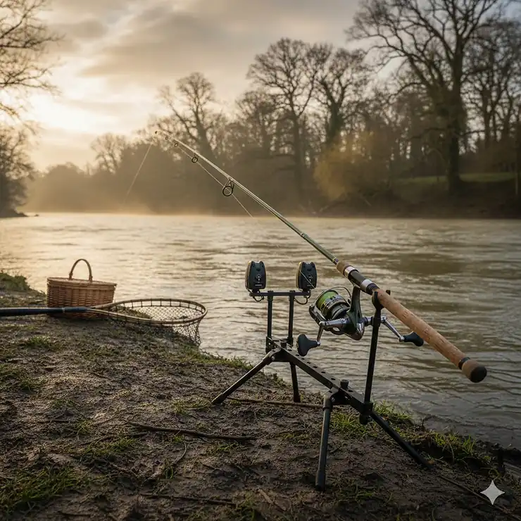 A high-performance barbel rod resting on a bite alarm setup by a British river, featuring a curved tip under the strain of a fish. barbel rods UK