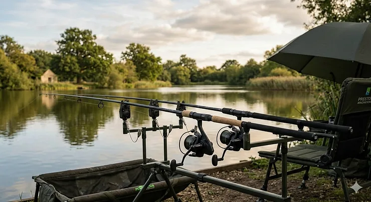 A pair of high-quality budget carp rods set up on a rod pod by a British lake. budget carp rods under £100