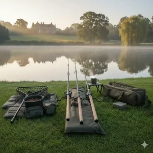 A complete carp fishing setup featuring rods, big pit reels, and padded rod sleeves on a grassy bank.
