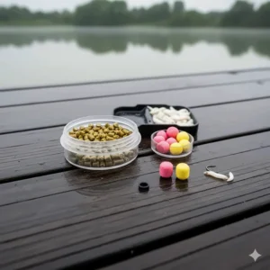 A selection of hookbaits including hard pellets, bandums, and dead maggots for use with micro pellets.