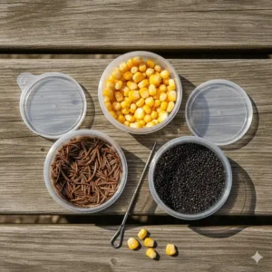 A top-down view of essential UK summer baits including maggots, sweetcorn, and hempseed in clean plastic bait tubs on a wooden bench.