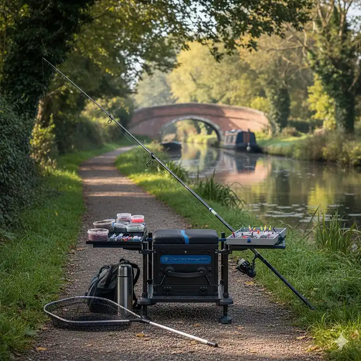 A complete canal fishing tackle setup on a narrow UK towpath, featuring a seatbox, carbon pole, and side tray overlooking a quiet waterway. tackle for canal fishing UK