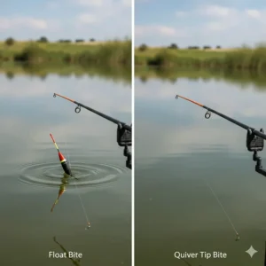 A split-screen comparison showing a float dipping during a bite versus a quiver tip bending or wrapping on a feeder rod to indicate a catch.