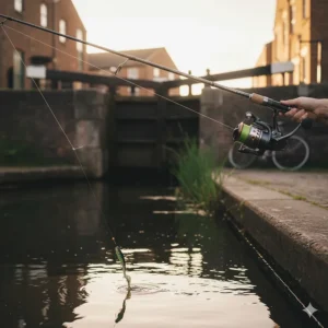 A light spinning rod and reel setup with a small soft plastic lure for catching perch in urban UK canals.