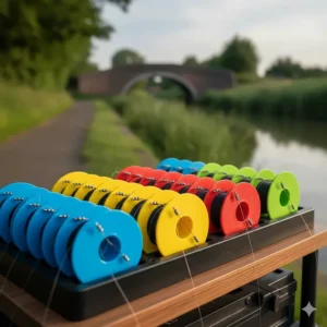 Colourful rig winders holding pre-tied canal rigs with delicate shotting patterns like shirt-button style.