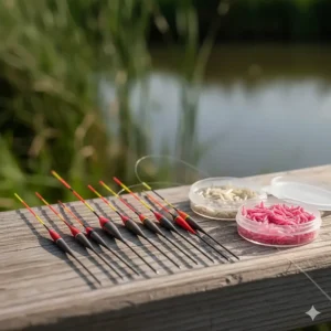 A selection of fine-tipped canal pole floats designed for sensitive bite detection when using small baits like squatts.