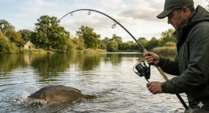 A budget carp fishing rod under £100 showing a progressive test curve while playing a fish.