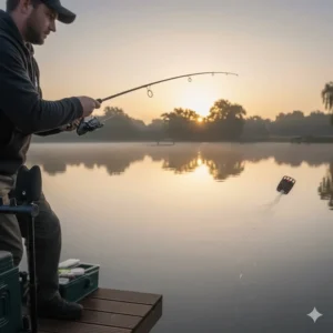 An angler casting a pellet feeder setup tight to an island margin on a British commercial lake.
