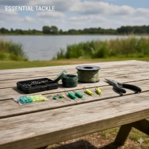Essential tackle for a hair rig setup including baiting needles, hair stops, rig putty, and specialist braid laid out on a wooden peg.
