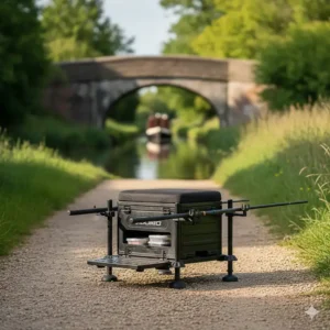 A compact fishing seatbox with a footplate positioned on a narrow gravel towpath, showing space-saving tackle storage.