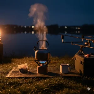 A compact gas stove and kettle setup for making tea on a cold night at a UK fishing syndicate.