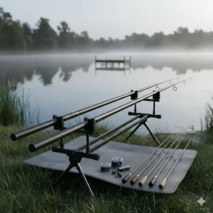 Long carbon fibre fishing pole and various top kits organised on a pole roller.