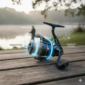 A technical illustration showing Daiwa MagSealed technology protecting a reel's internal components from water and grit.