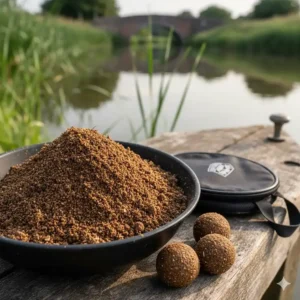 A bowl of dark-coloured canal groundbait mixed with leam, ideal for attracting fish in clear UK canal waters.