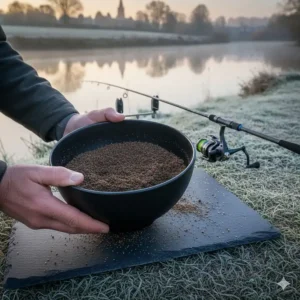 A bowl of finely sieved dark groundbait, optimised for clear water winter coarse fishing conditions.