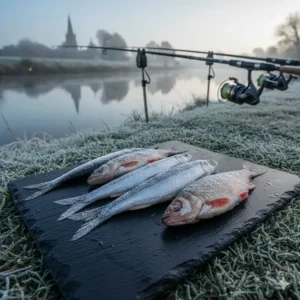 Frozen smelt and herring deadbaits laid out for a winter pike fishing session on a UK canal.