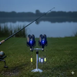 A pair of electronic bite alarms with glowing LED indicators set up for night fishing on a UK carp lake.