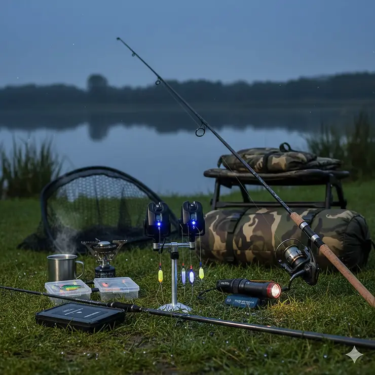 A comprehensive selection of night fishing tackle on a grassy bank in the UK, including bite alarms, a headtorch, and illuminated bobbin indicators. night fishing tackle UK
