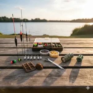 A top-down view of essential UK coarse fishing tackle including various floats, method feeders, a disgorger, and tubs of sweetcorn and pellets on a wooden pier.