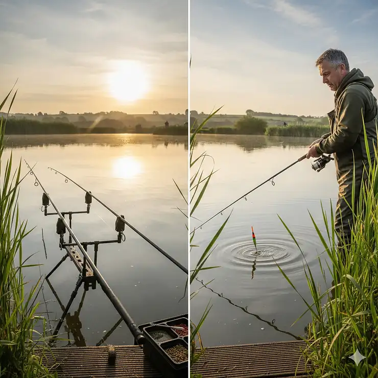 A professional comparison of a rod pod with feeder rods and an angler holding a float rod by a misty British lake at dawn, illustrating feeder fishing vs float fishing. feeder fishing vs float fishing
