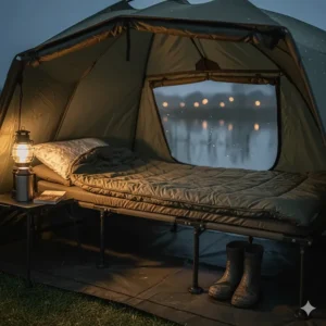 A padded fishing bedchair and five-season sleeping bag, crucial tackle for staying warm during UK night fishing trips.