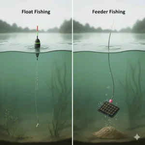 A split-view illustration showing a float presenting bait mid-water in the water column and a feeder rig pinned to the bottom for ground-feeding fish.