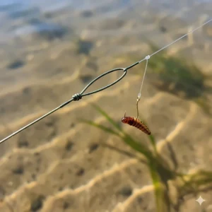 A detailed photorealistic shot showing a loop-to-loop connection between the mainline and a fine-wire hooklength for delicate summer presentation.