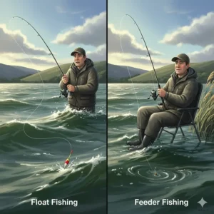 An illustration showing how feeder fishing remains effective in windy British weather while a float line is easily affected by surface drift and waves.