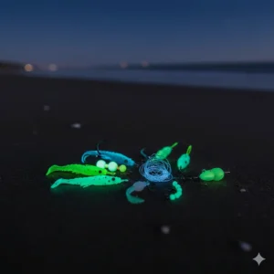 Selection of luminescent lures and glow-in-the-dark terminal tackle used for sea fishing off the UK coast at night.