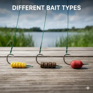Multiple hair rig setups showing different UK coarse baits including sweetcorn, halibut pellets, and dumbbell boilies.