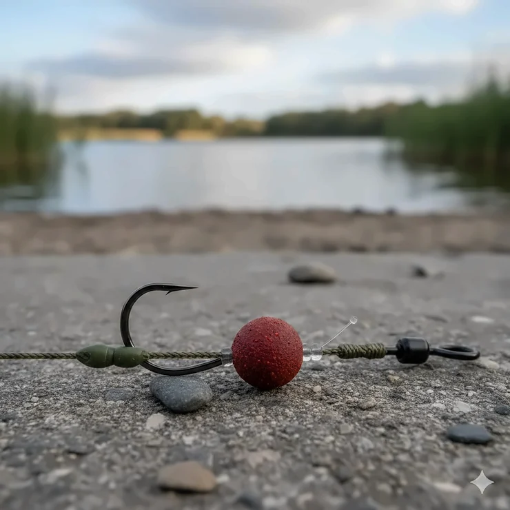 A complete hair rig setup for coarse fishing featuring a size 10 barbed hook, a micro-barbed boilie, and a camouflage coated braid link on a gravel lake bed. hair rig setup for coarse fishing