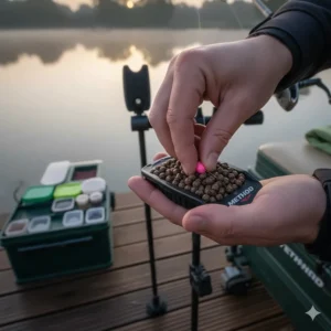 Step-by-step guide showing how to thumb pellets into a feeder to ensure they stay secure during the cast.