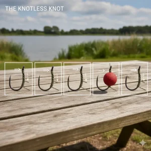 Step-by-step illustration of tying the knotless knot for a secure coarse fishing hair rig on a standard carp hook.