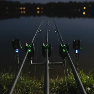 Close-up of isotope-fitted rod rest heads holding carbon fibre fishing rods during an overnight session.