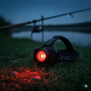 A powerful LED headtorch with a red-light setting, essential night fishing tackle for maintaining natural night vision.