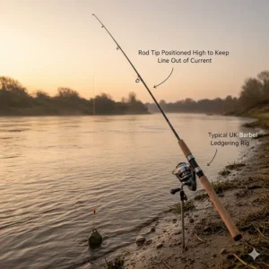 An illustration of a typical UK barbel ledgering rig with the rod tip positioned high to keep line out of the current.