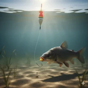 An underwater view of the lift method setup showing the tell-tale shot placed close to the hook as a carp approaches the bait.