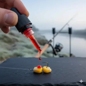 Applying spicy liquid attractant to hookbaits to increase scent trail in cold UK lake water.