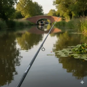 A lightweight carbon fishing pole extended over a canal near lily pads, a primary tackle choice for UK canals.