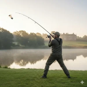 A British angler performing a powerful overhead cast with a 12ft 3.5lb test curve carp rod.
