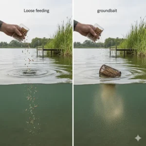 A comparison of an angler loose feeding maggots by hand for float fishing versus using a cage feeder to deposit groundbait on the lake bed.
