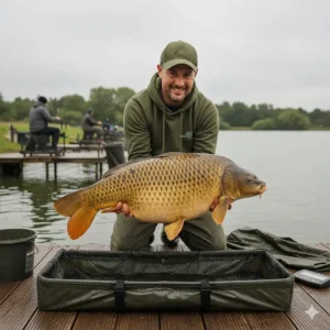 A British angler holding a mirror carp caught using a micro pellet feeder approach during a match.