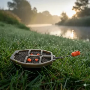 Groundbait bowls and riddles with prepared micro pellets and maggots for match fishing.